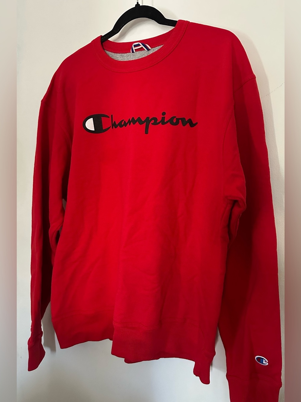 Champion Red Crewneck Sweatshirt with Black Script Logo